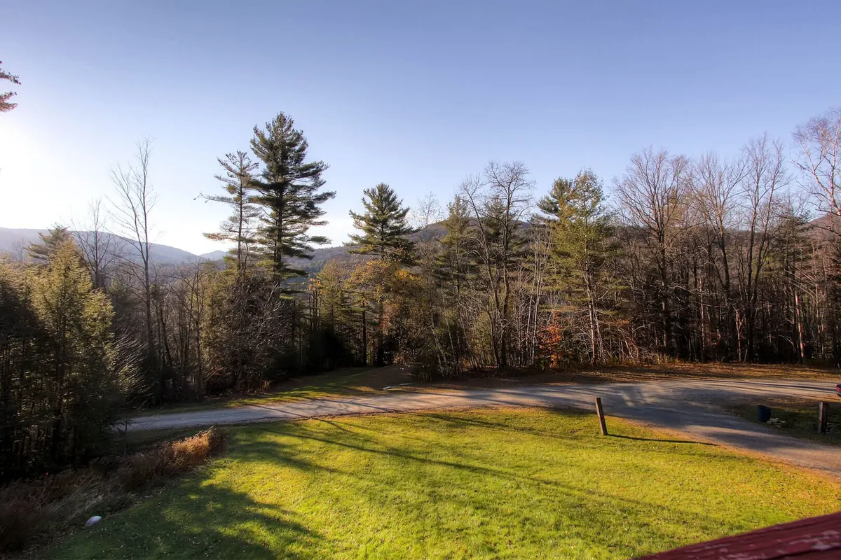 A tranquil vantage point overlooking a wide stretch of green space dotted with tall trees and framed by distant mountains. The quiet, open area is perfect for morning coffees, picnics, or simply soaking in the scenery.